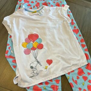 NWT Women’s Peanuts White and Blue Pajama Set w/ Playful Heart Balloons, Size M
